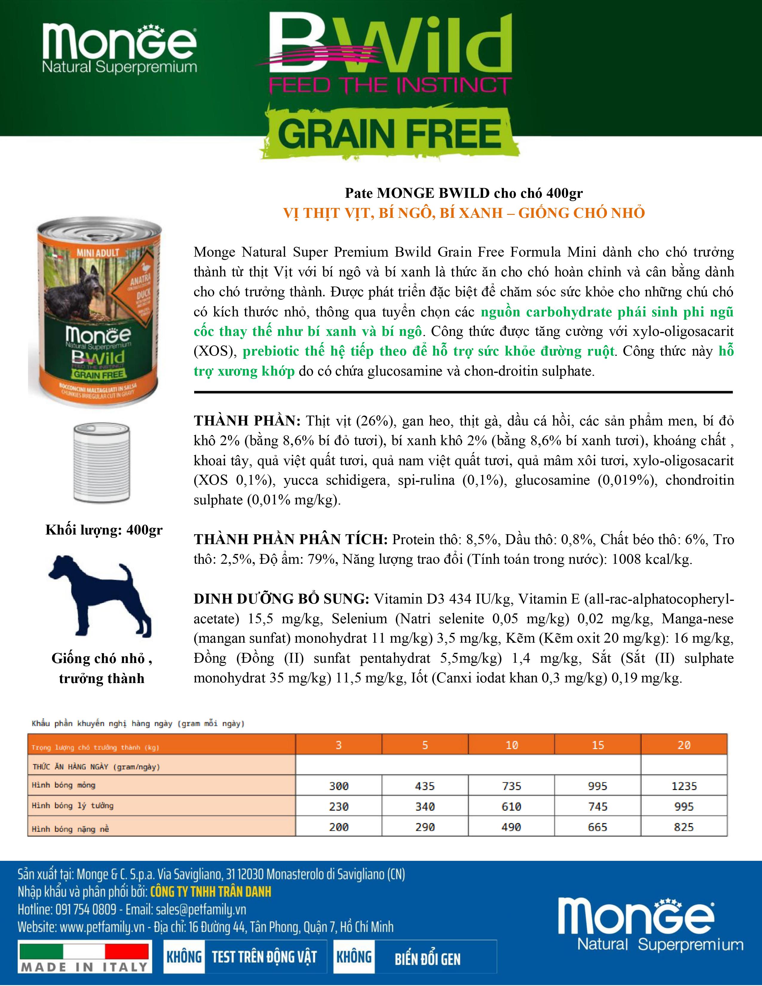 Pate MONGE Bwild cho giống chó nhỏ Grain Free  400gr (Hương vị thịt Vịt, Bí đỏ và Bí Xanh)_thumbnail_4