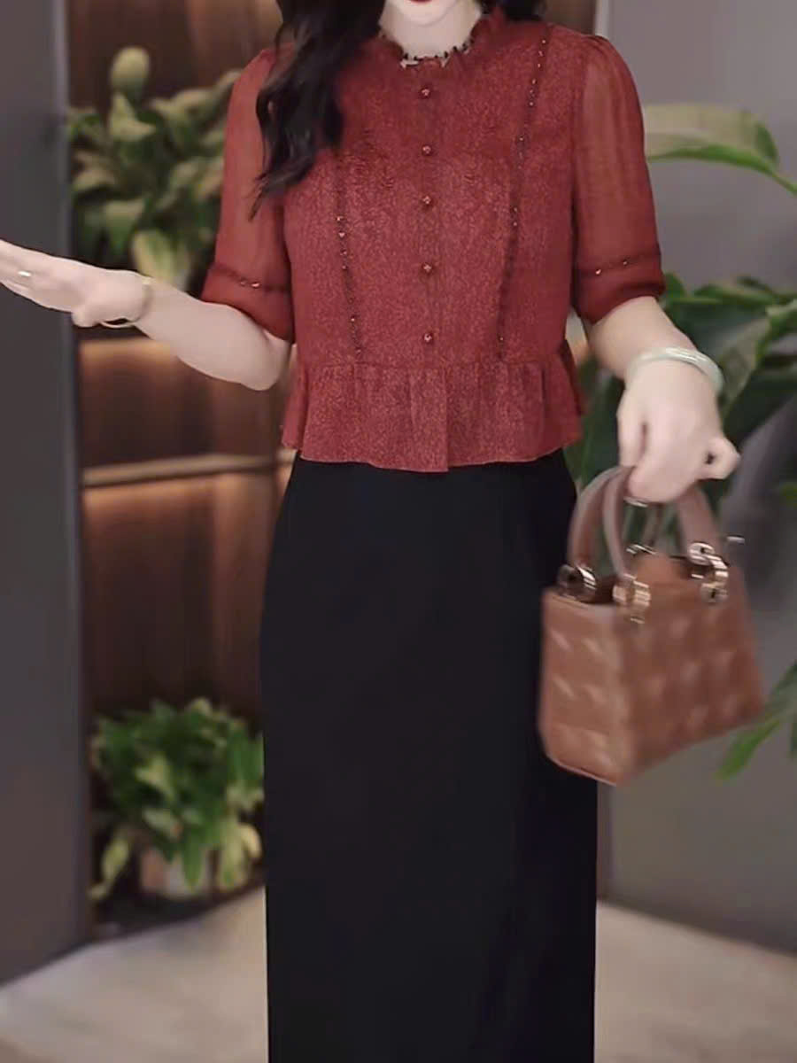 18361-Đầm liền thân phối 2 màu đỏ đen tay ngắn( lụa,voan)_thumbnail_2