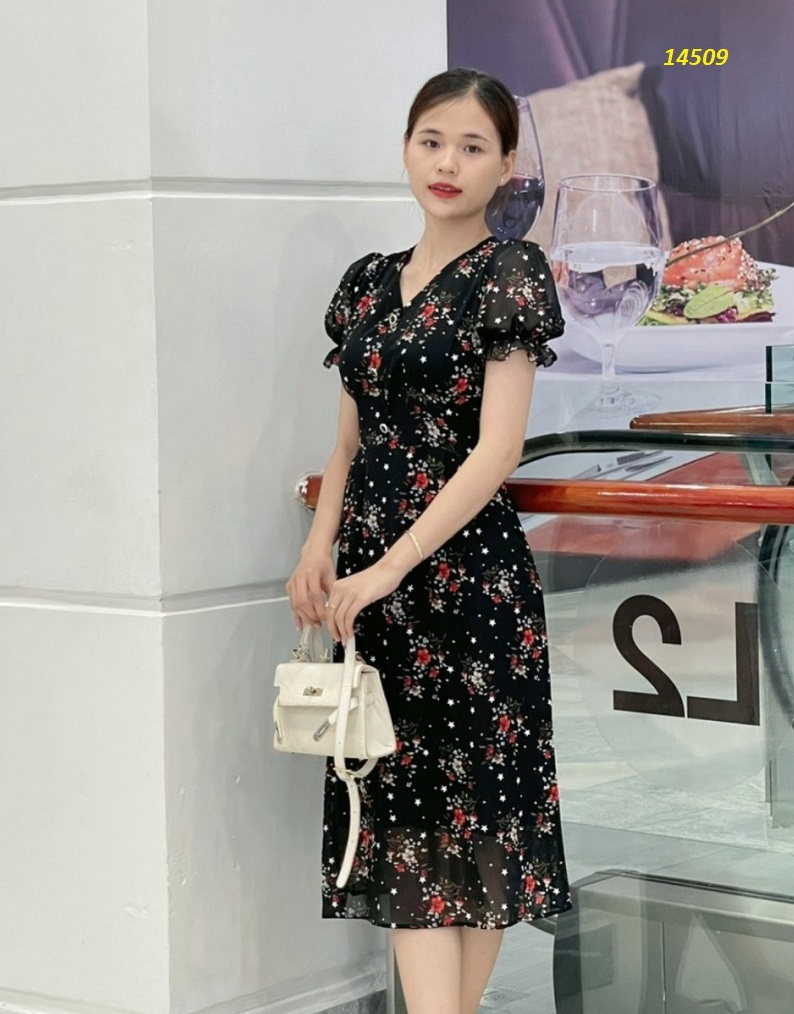 14509-Đầm voan xòe A tay phồng  cổ V kết nút (voan, lót thun)_thumbnail_1