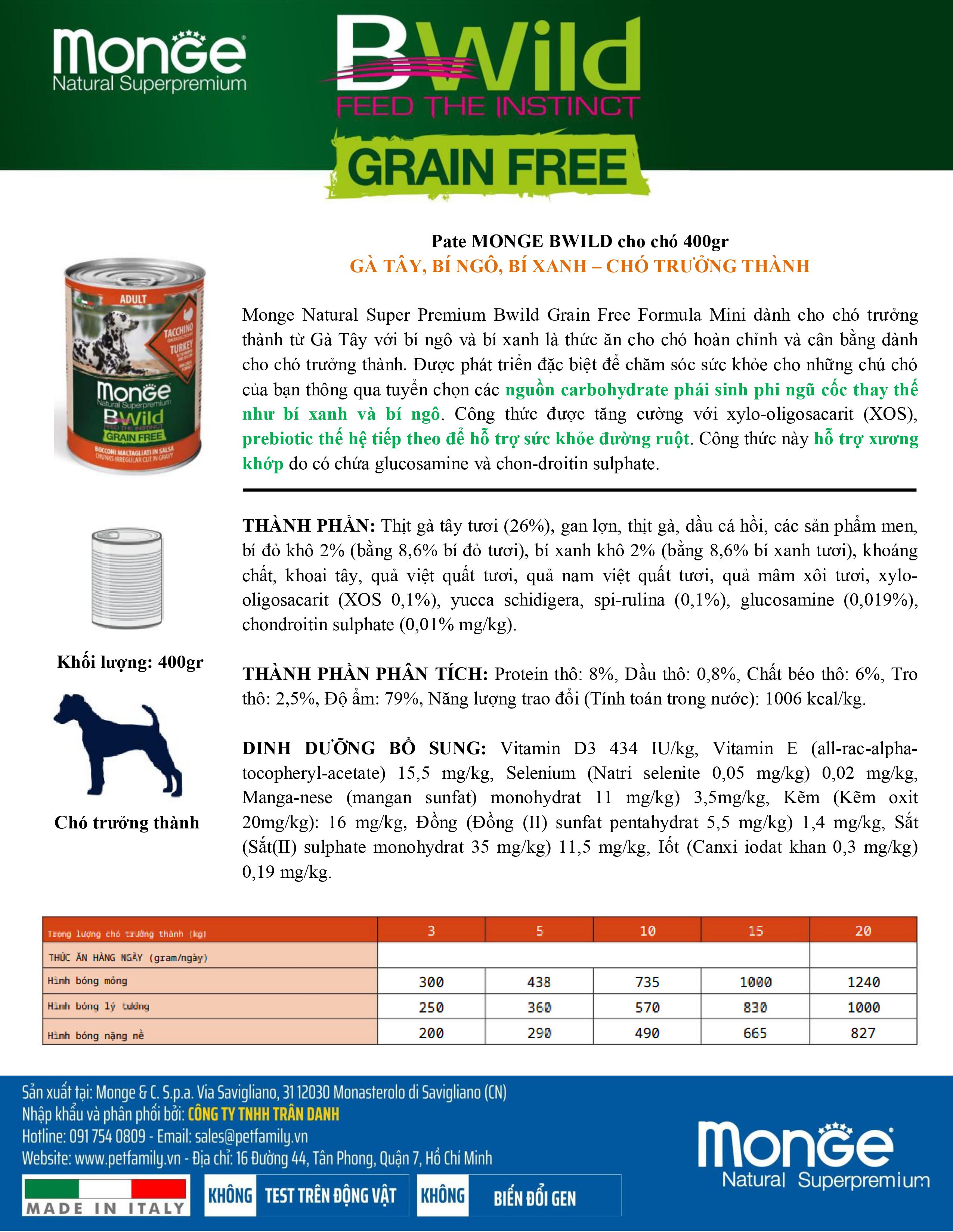 Pate MONGE Bwild cho chó Grain Free  400gr (Hương vị  Gà Tây, Bí đỏ và Bí Xanh)_thumbnail_4