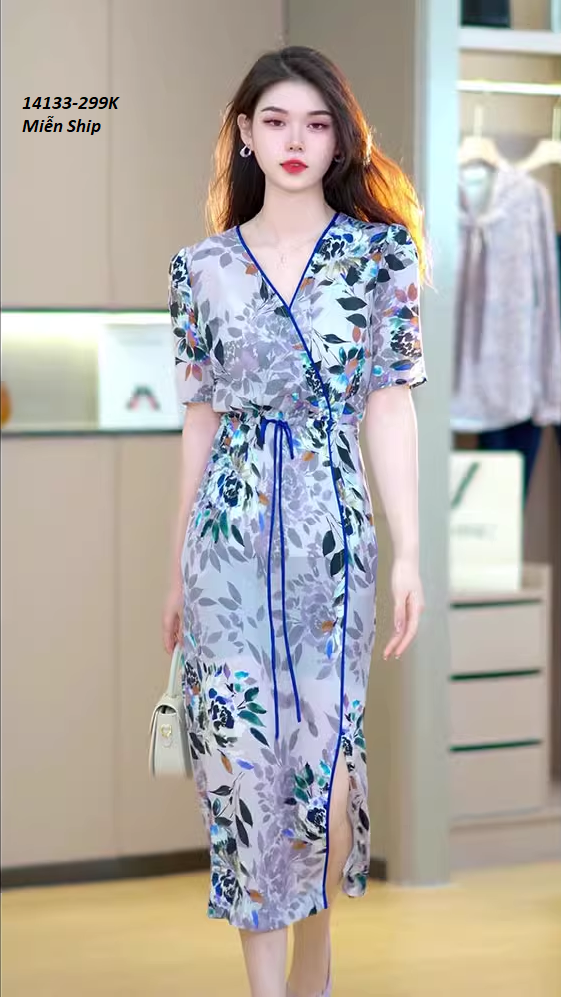14133-Đầm body suông in hoa cổ đắp chéo eo rút dây xẻ tà ( mango)FREESHIP_thumbnail_0