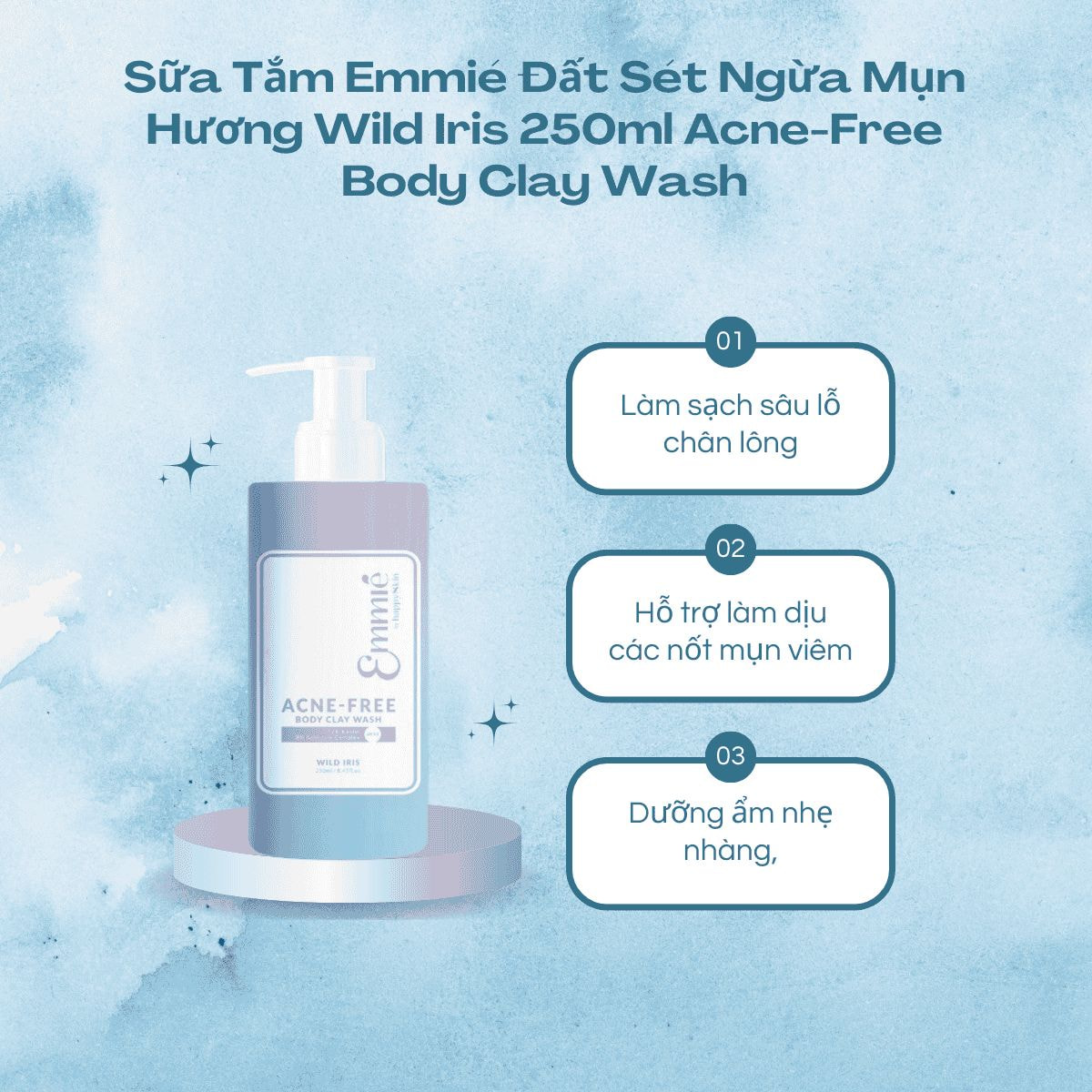 Thành phần Sữa Tắm Emmié Đất Sét Ngừa Mụn Hương Wild Iris 250ml Acne-Free Body Clay Wash – Làm Sạch Sâu & Dưỡng Ẩm Dịu Nhẹ