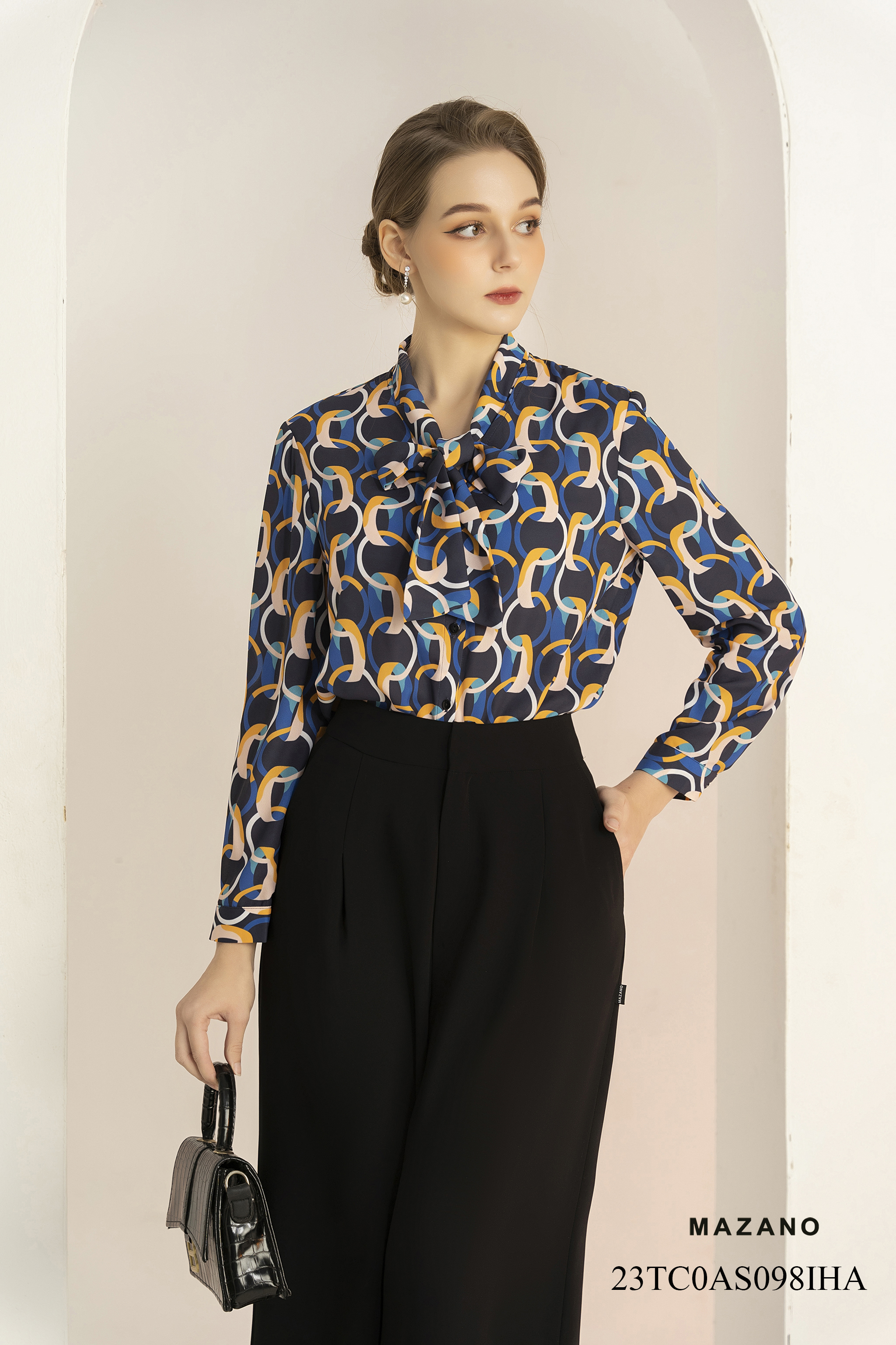 Áo sơ mi tay dài, buộc dây nơ_thumbnail_3