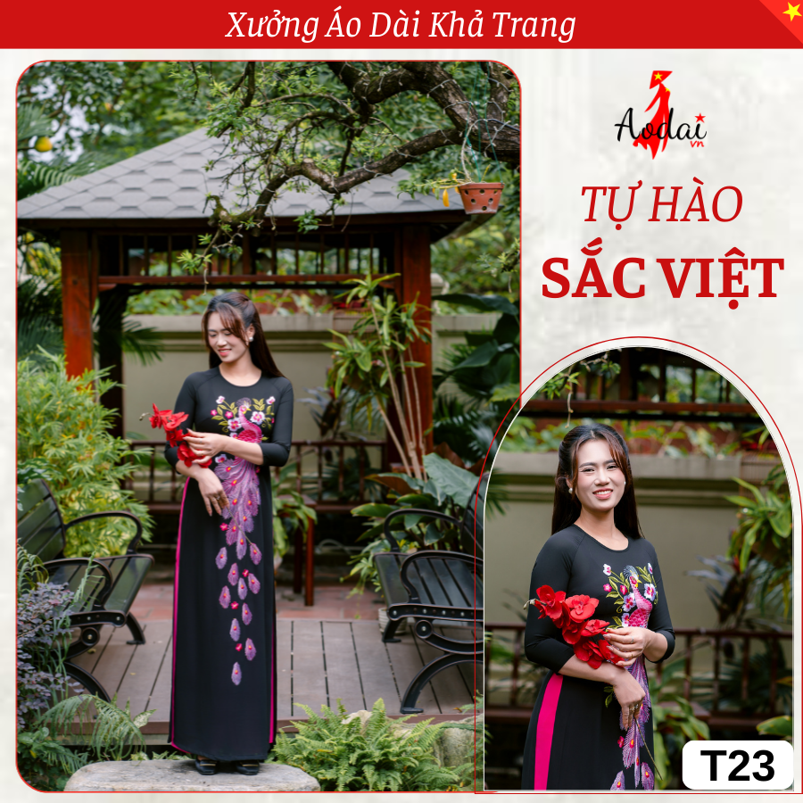 T23 Áo Dài Màu Đen Thêu Công Hồng Sen Cổ Tròn Tay Lỡ_thumbnail_6