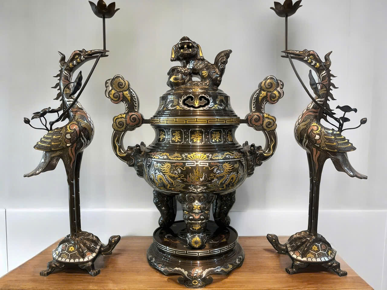 Bộ ngũ sự đúc đồng đỏ khảm ngũ sắc cao cấp cao 60cm_thumbnail_1