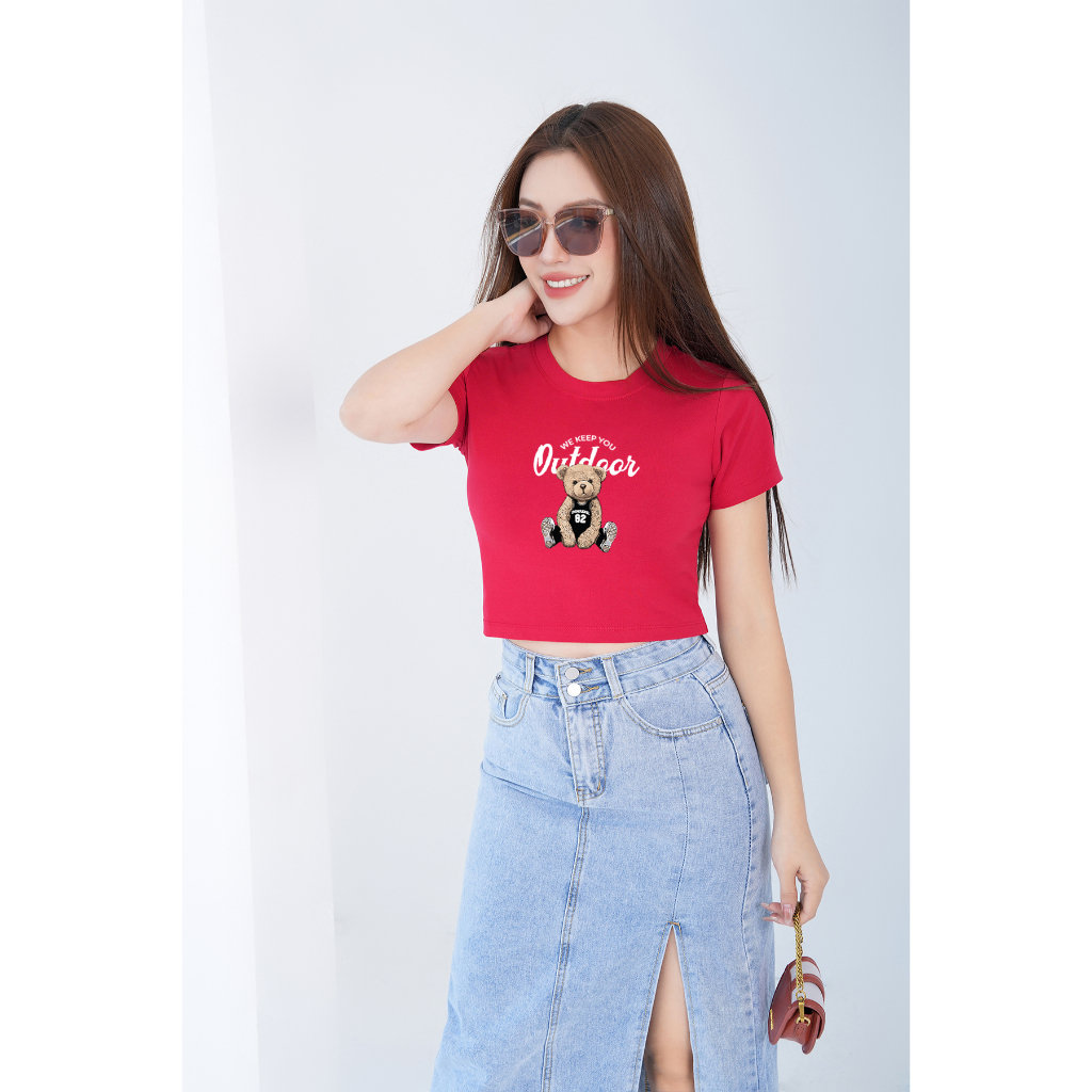[Form Ôm] Áo croptop ôm in hình gấu Outdoor - Áo laptop kiểu thời trang chất Cotton LOZA CR6386_thumbnail_6