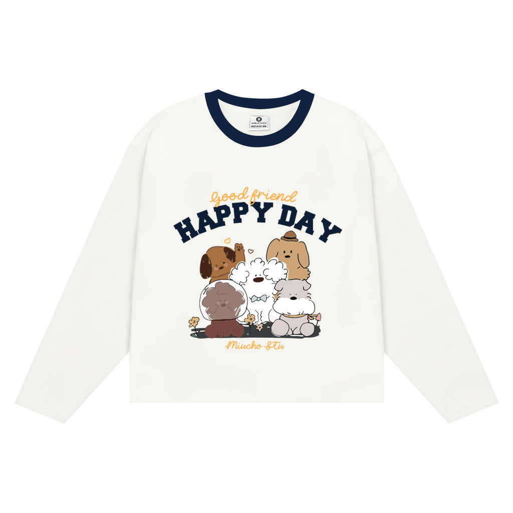 Áo thun form boxy unisex Miucho thoáng mát mềm mại thoải mái tay dài phối cổ gia đình cún 2808_thumbnail_0