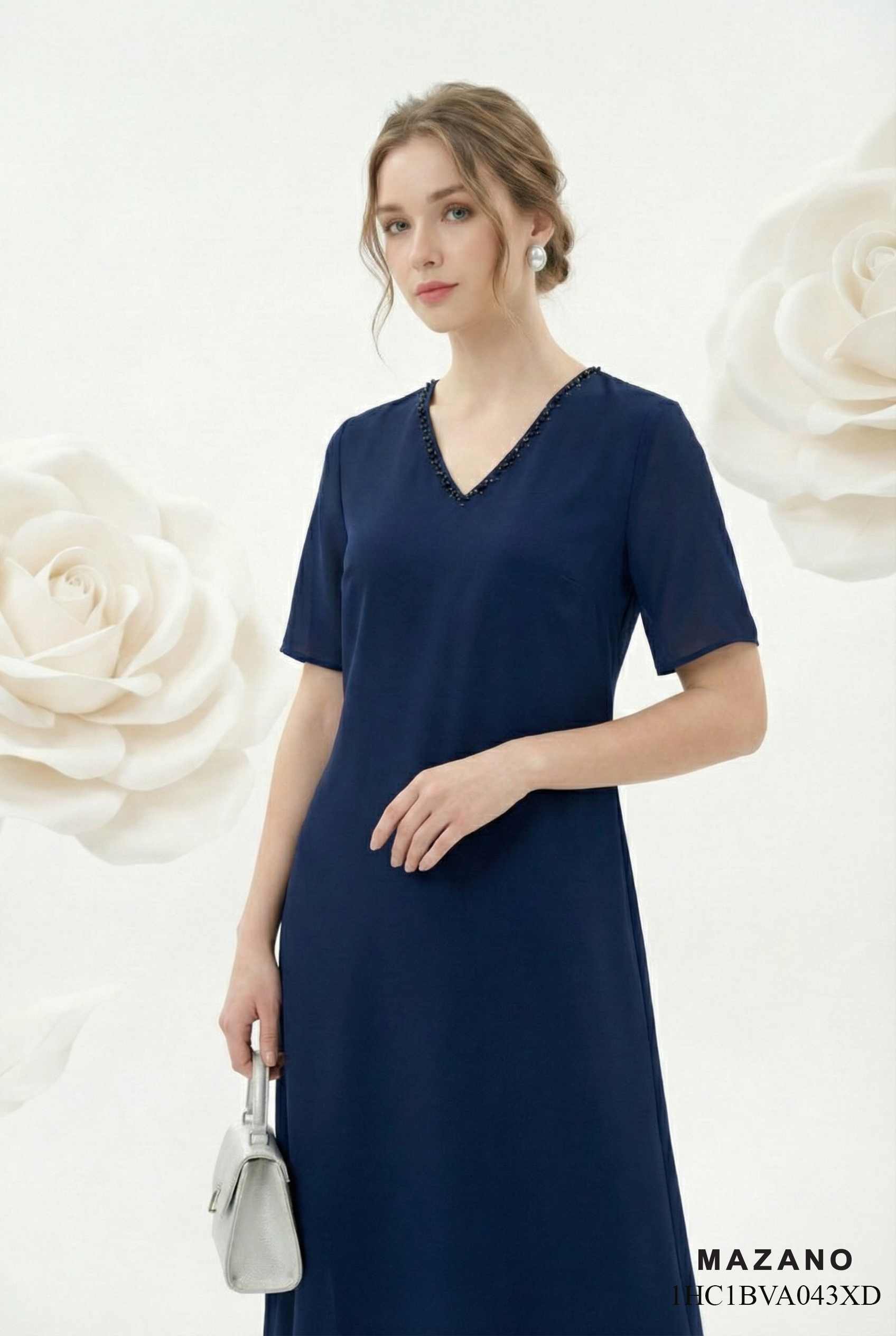 Đầm vải voan chiffon tím than dáng suông A nhẹ cổ tròn tay ngắn thiết kế MAZANO_thumbnail_3