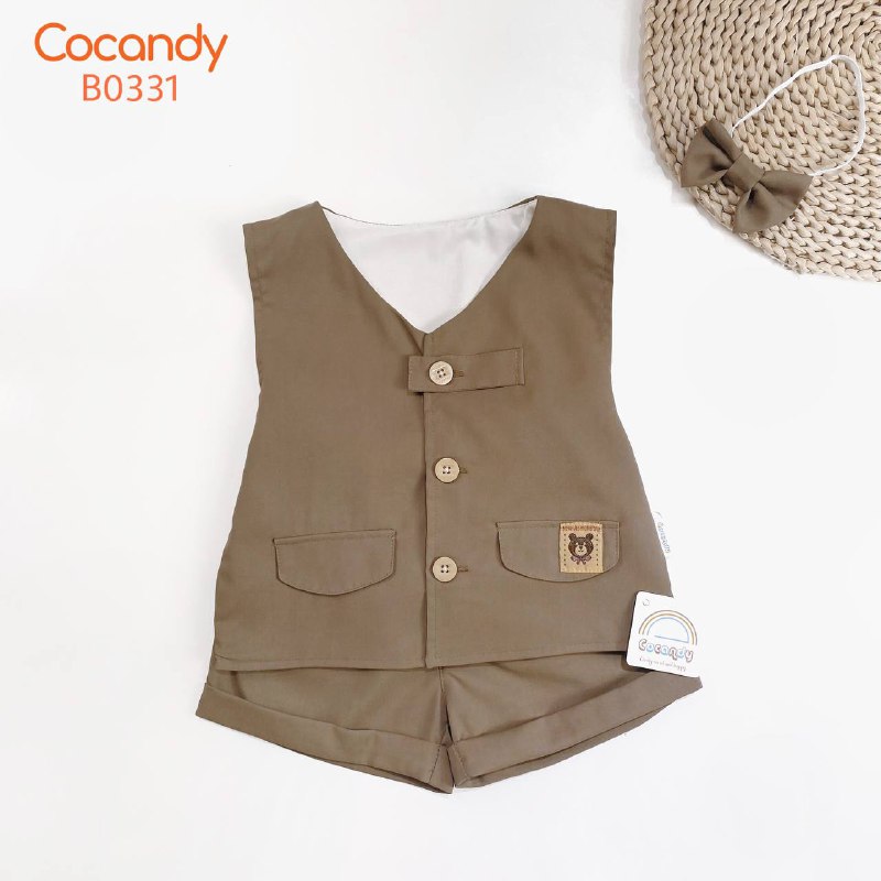 Bộ ghile NÂU cộc cúc ngực túi thêu gấu + nơ