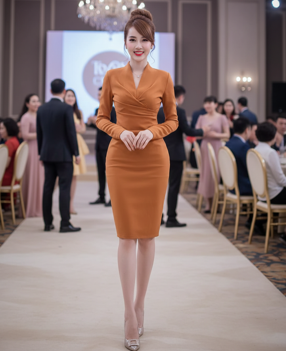 Đầm body xếp ly cổ V tay dài_thumbnail_4