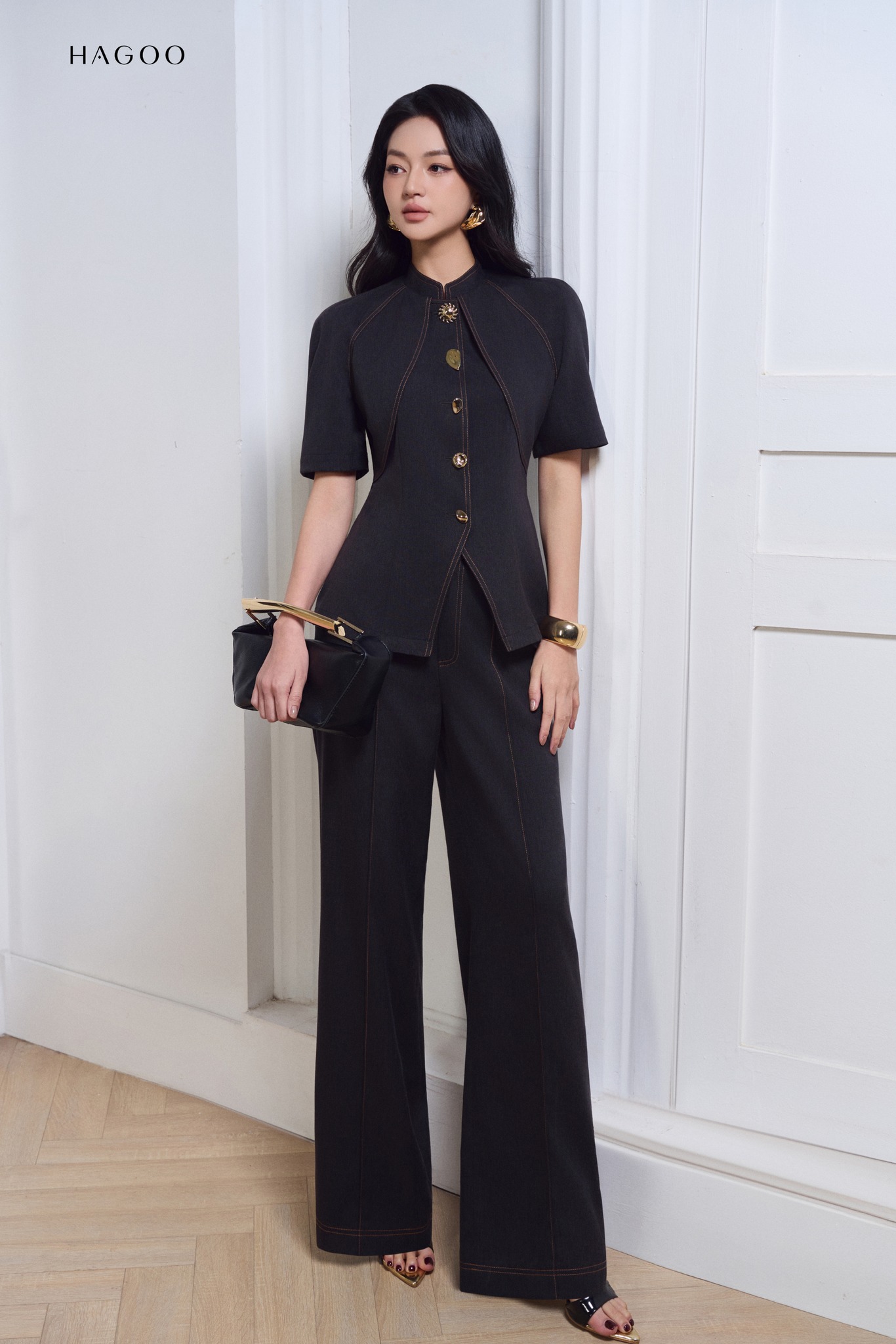 Sét bò lụa diễu chỉ khuy thiết kế HAGOO