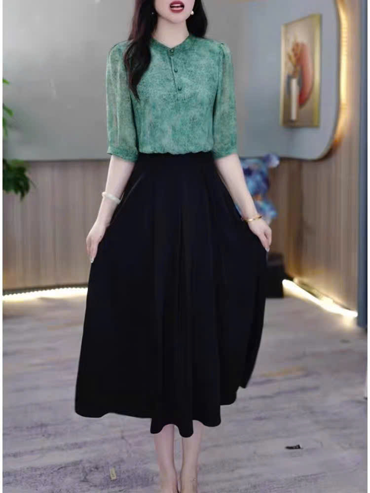 18353-Đầm xòe phối 2 màu xanh đen tay lở cách diệu (voan, lụa,lót)_thumbnail_1