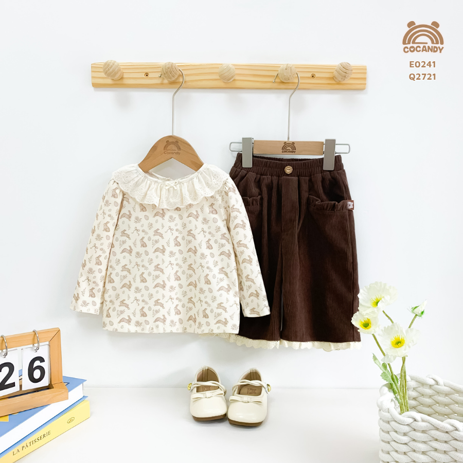 Áo dài BE họa tiết thỏ cổ ren bèo