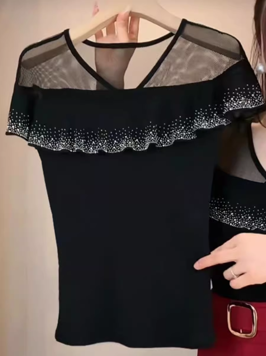 17527-Áo kiểu tay tiên ép hạt vai phối voan( thun ladong, voan)