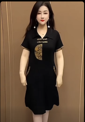 18317-Đầm suông đen kết nút tàu viền họa tiết cách điệu ( lụa,lót)