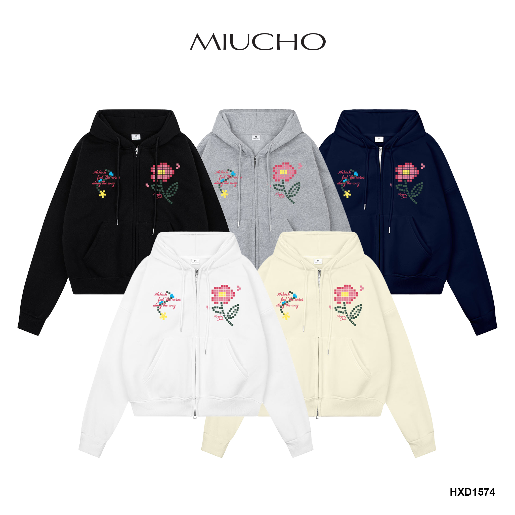 Áo hoodie zip boxy nỉ 2 da dày dặn HXD1574 Miucho mũ rộng khóa kéo in mix_thumbnail_1