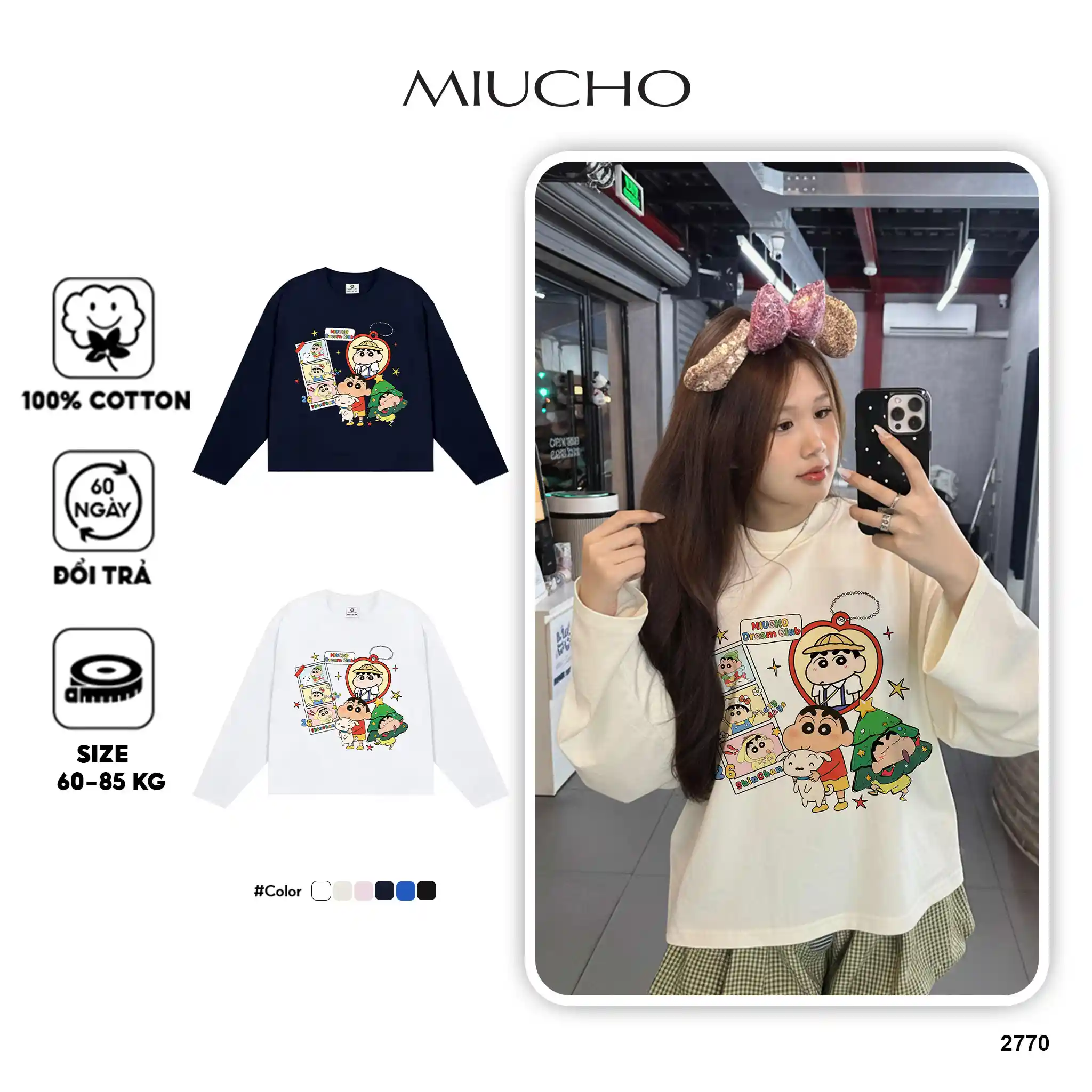 Áo thun boxy tay dài Miucho vải cotton co giãn 2 chiều thoáng mát hình Cu Shin đáng yêu in mix 2770