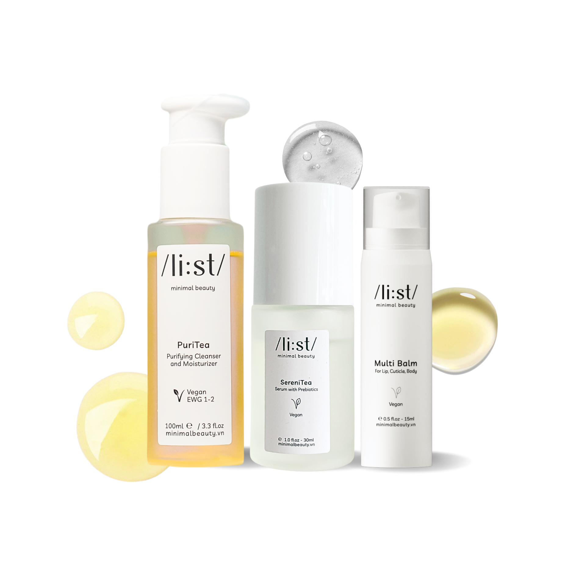 Bộ 3 Chăm Sóc Da Tối Giản Li:st Dưỡng Da, Phục Hồi, Làm Sáng Và Cấp Ẩm PuriTea 100ml, SereniTea 30ml, Multi Balm 15g