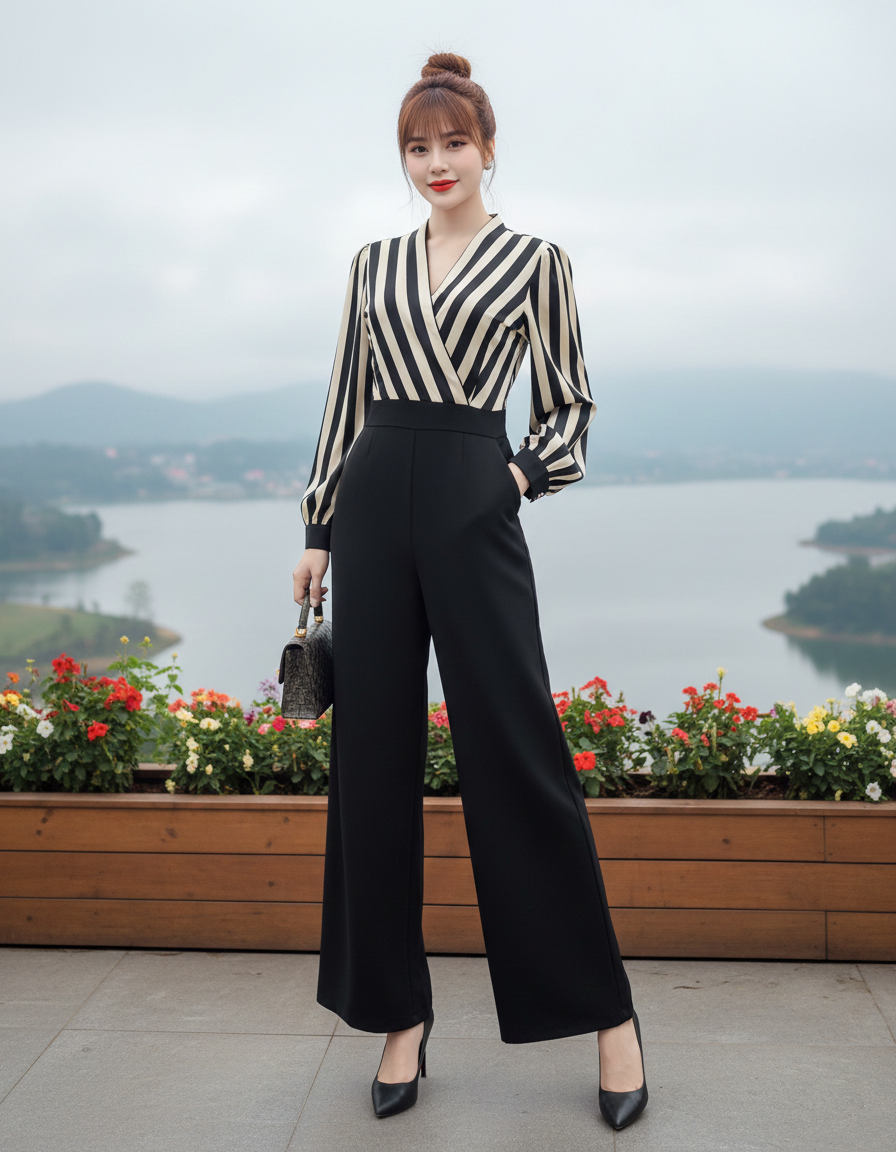 Jumpsuit tay dài thiết kế cổ V Phong cách thanh lịch