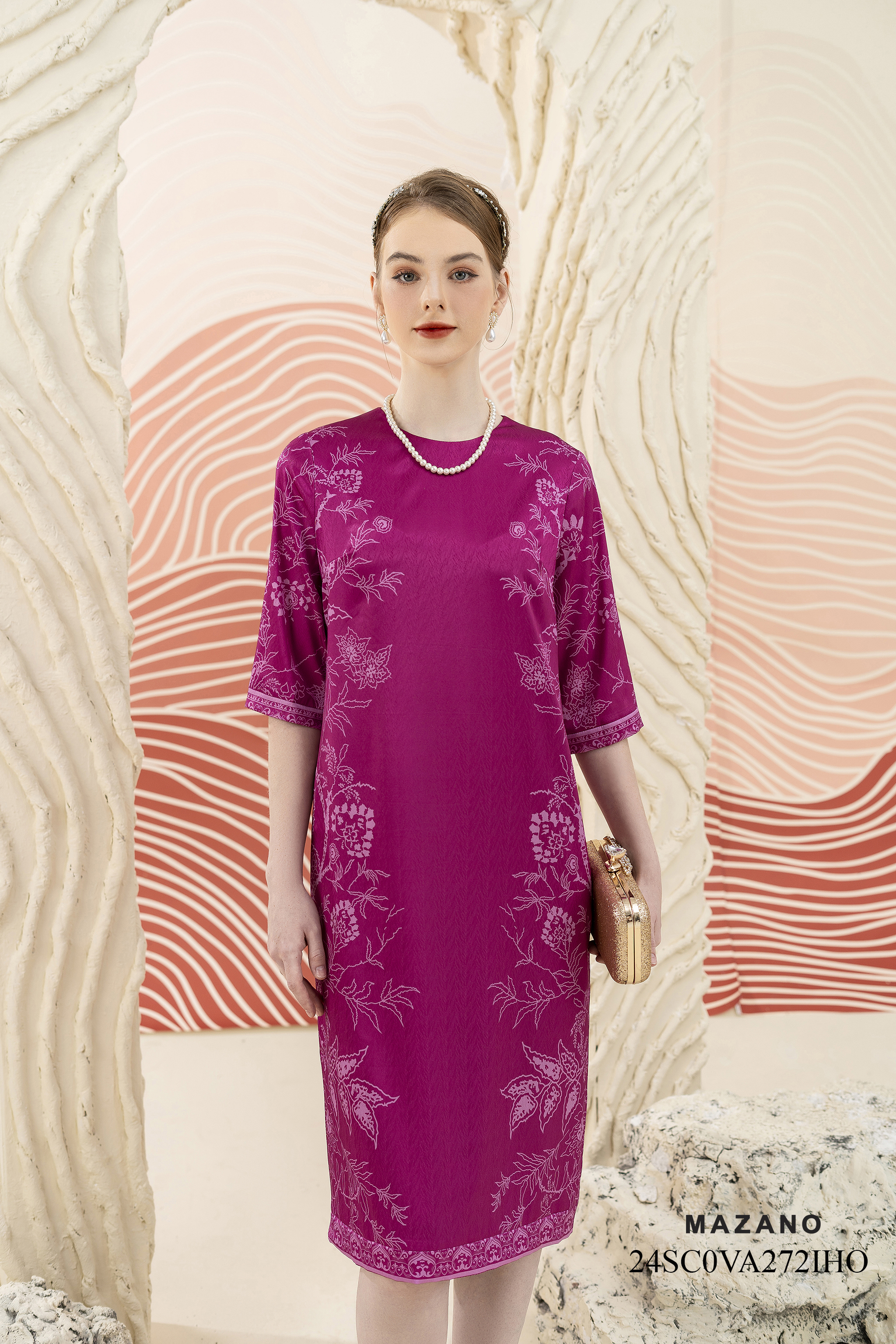 Váy Đầm suông Vải thô Hoạ tiết cách điệu Cổ tròn Tay lỡ Dài đến bắp chân_thumbnail_3