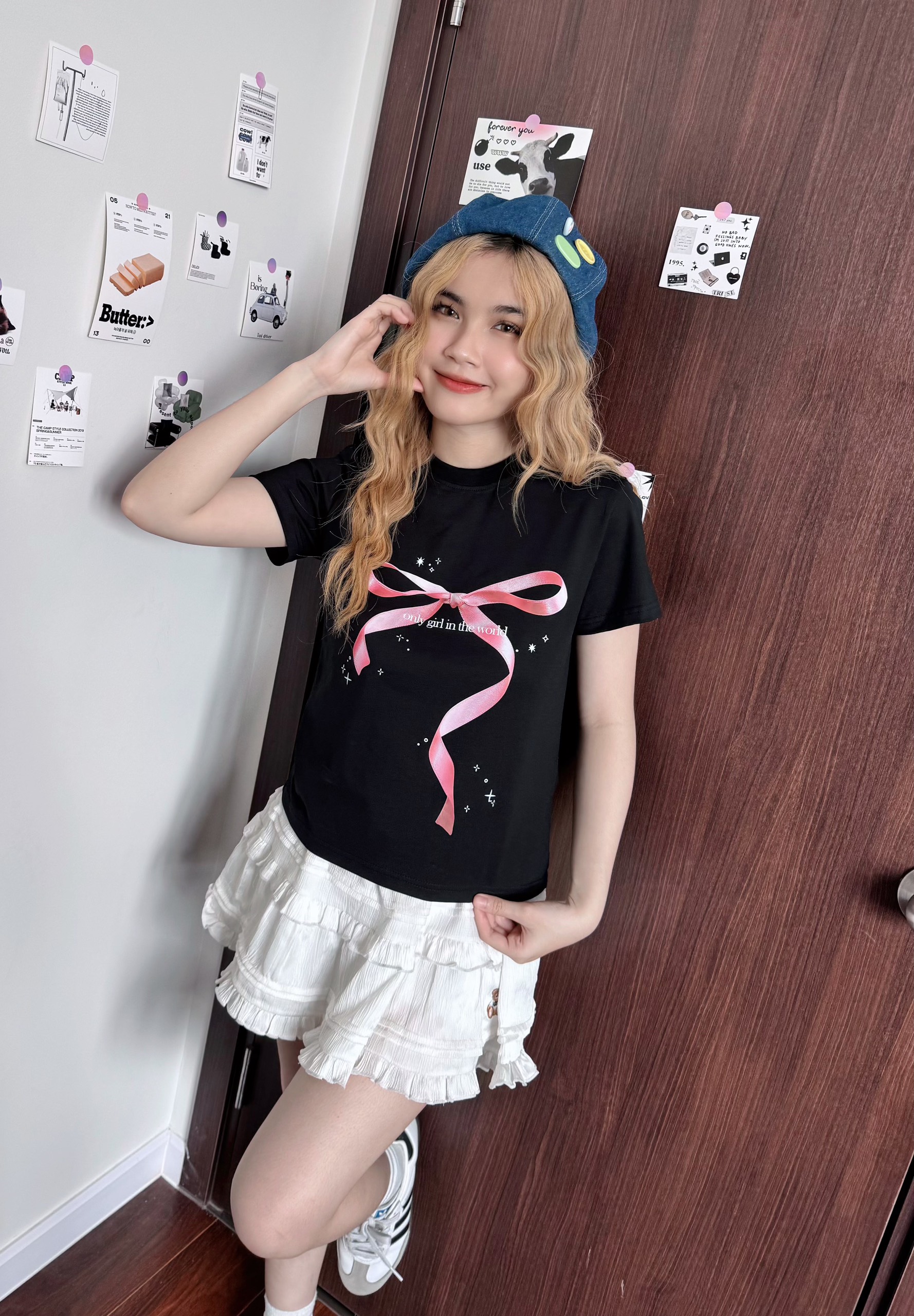 Áo thun baby tee hình nơ form ôm xinh xắn ABD849 Miucho tay ngắn vải Cotton Cổ tròn hotrend in basic_thumbnail_3