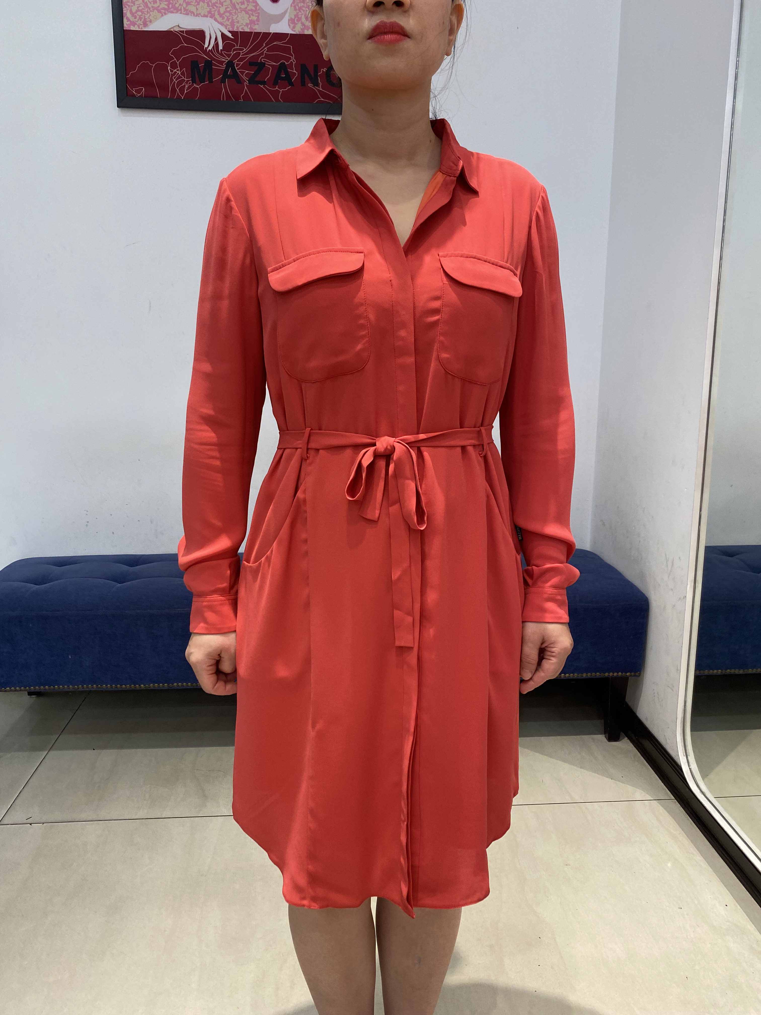 Đầm hồng cổ Đức thắt đai dài tay