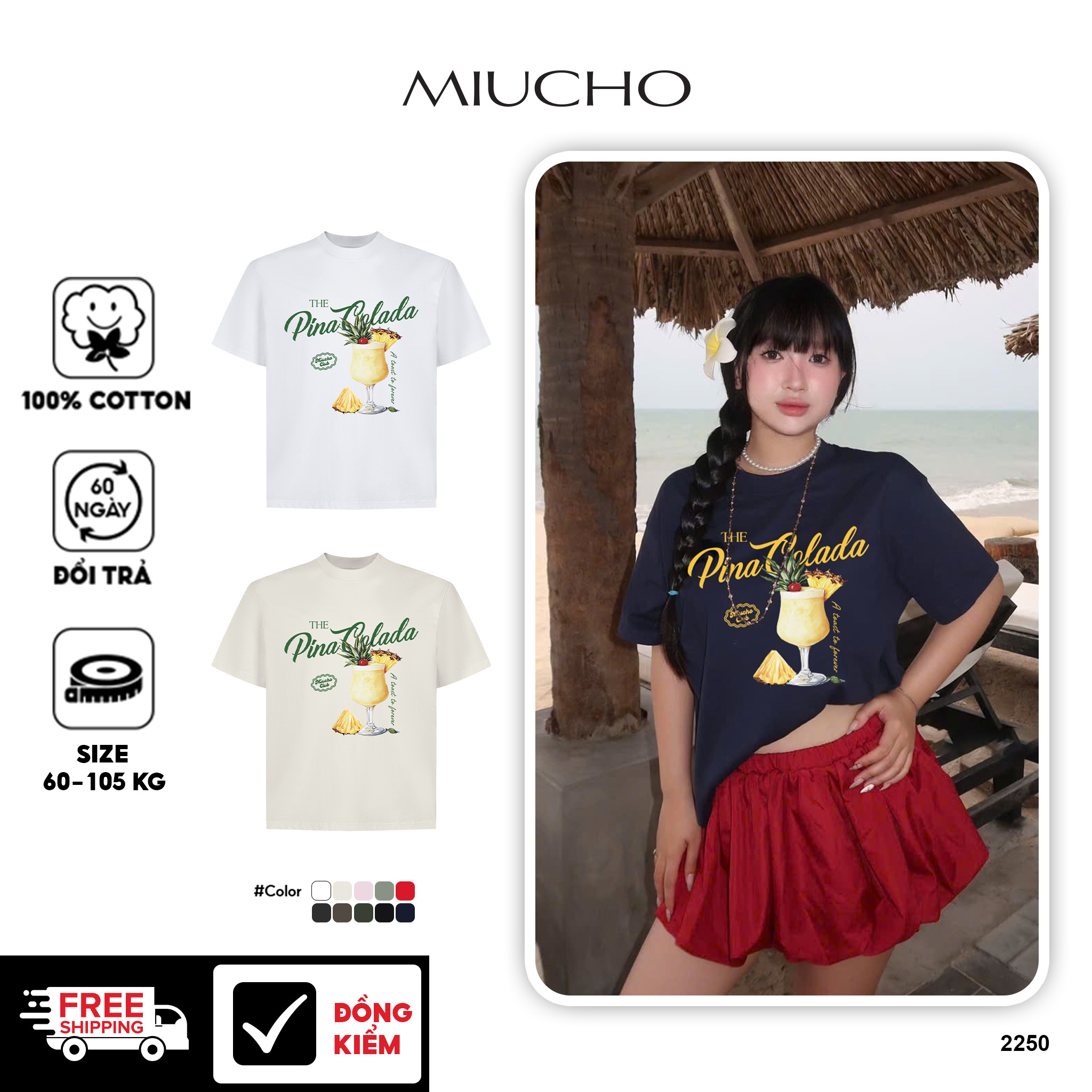 Áo thun boxy hè biển 2250 Miucho cổ tròn vải cotton 2c 250gsm đứng form in mix_thumbnail_1