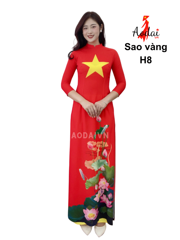 Áo dài sao vàng H8 AODAIVN in hoa sen đẹp cổ cao 2cm tay lỡ