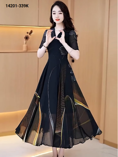 14201-Đầm voan cổ V tay ngắn in họa tiết lập thể ( voan, lót thun)_thumbnail_3