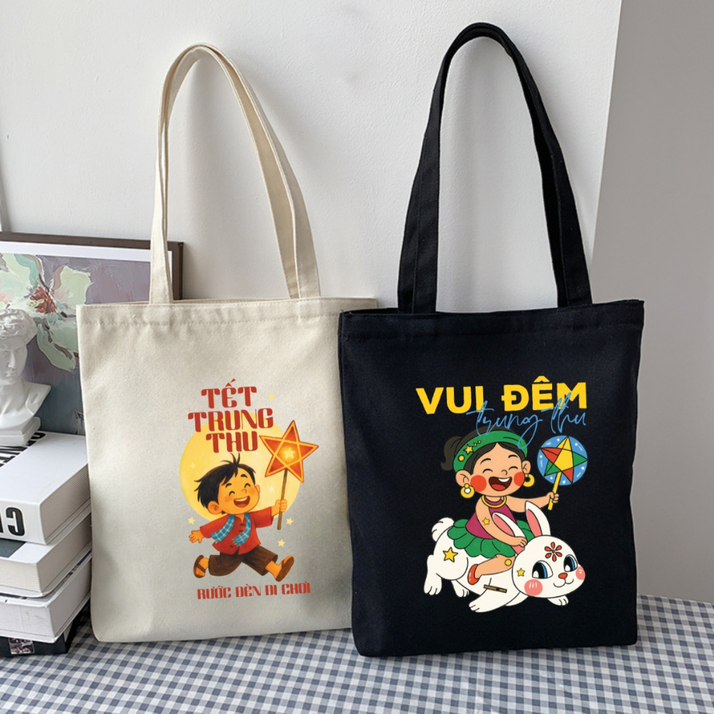 Túi tote in hình Tết Trung thu - Túi vải canvas kích thước 33x37cm đựng vừa A4  và laptop - TOTE27