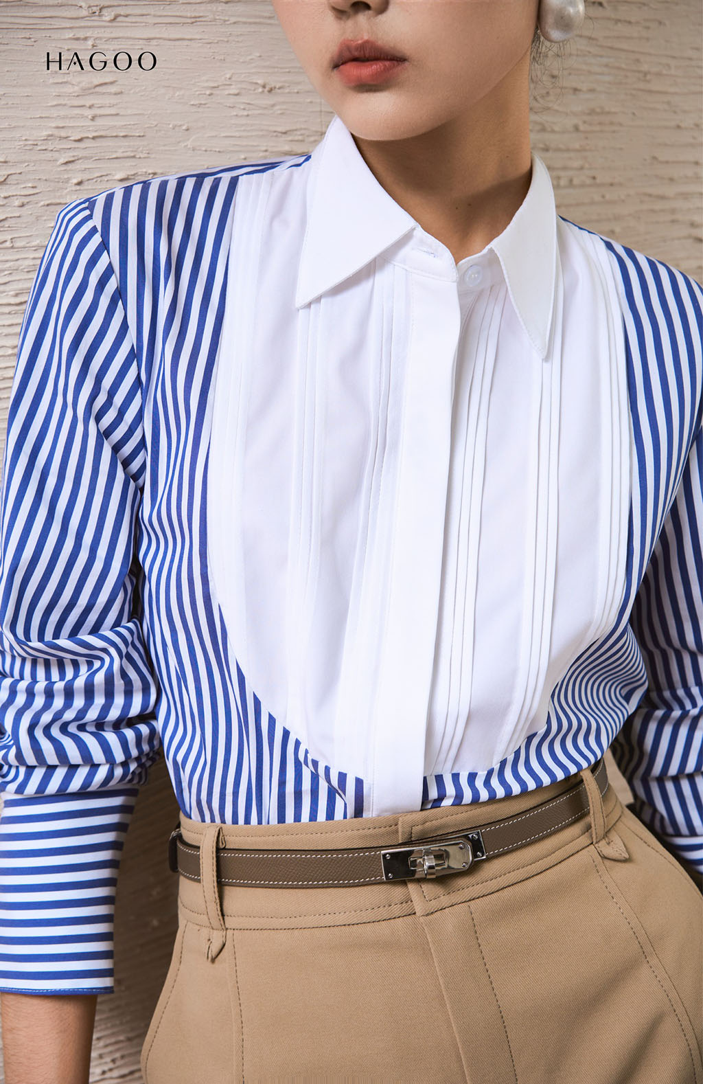 Sơ mi kẻ bổ phối cầu ngực HAGOO