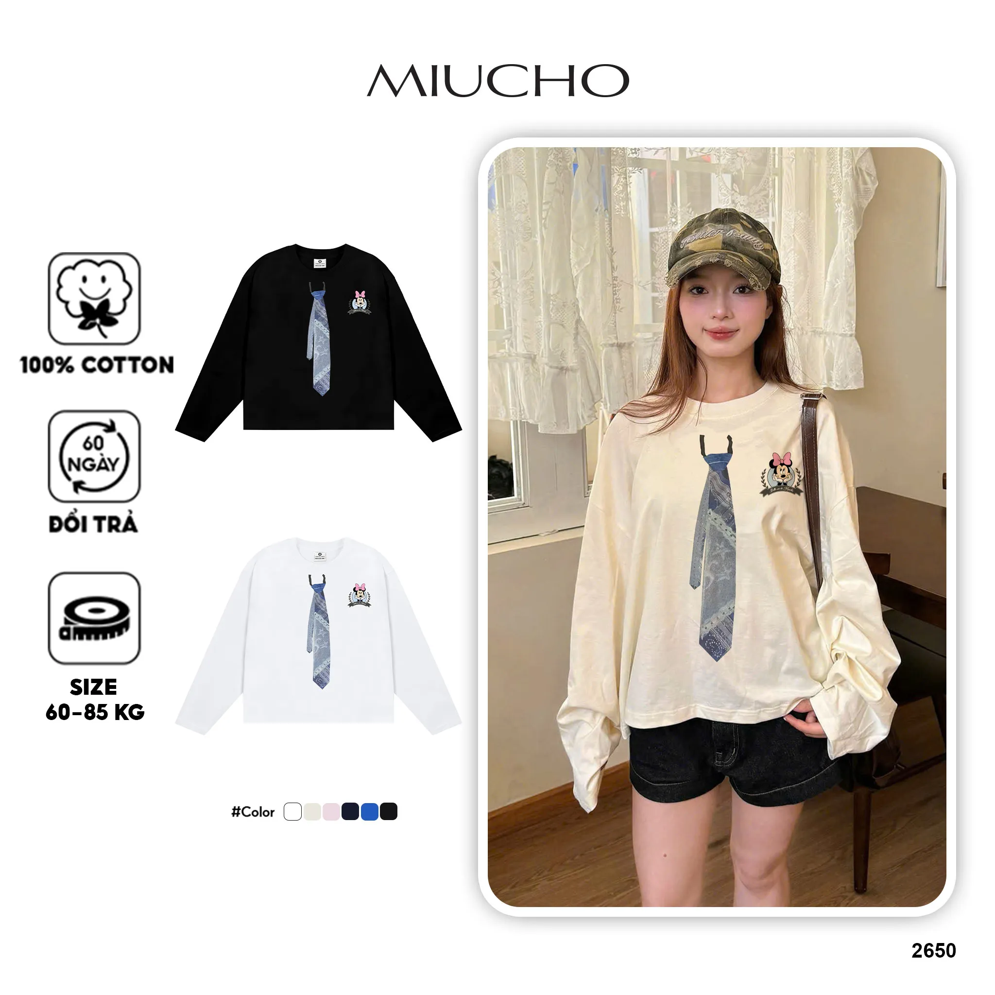 Áo thun boxy tay dài Miucho cotton thoáng mát dày dặn in họa tiết cà vạt độc đáo 2650