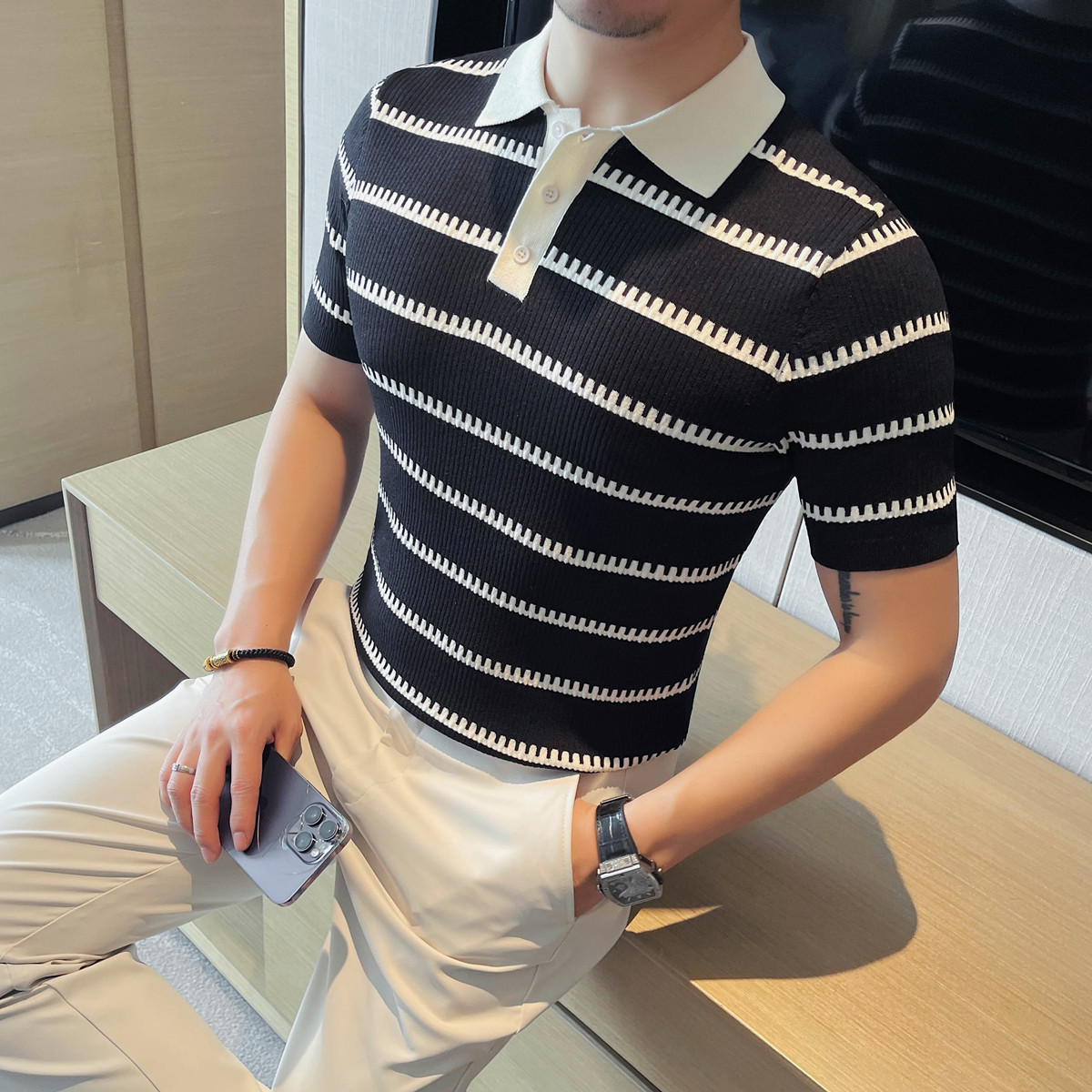 PA59 – Áo polo nam dệt kim băng lụa sọc tay ngắn, ve áo co giãn