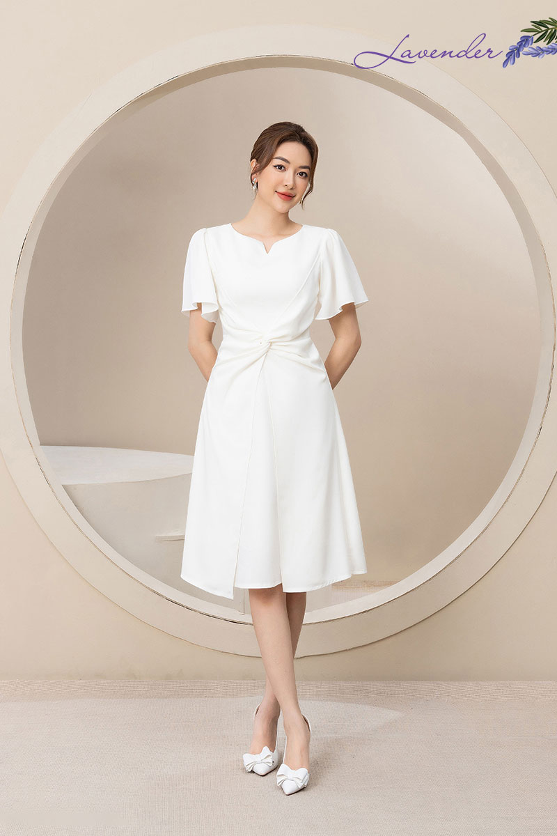 Đầm xòe công sở Thời trang Lavender cổ xẻ xoắn eo tay bèo chất co giãn D2433_thumbnail_2
