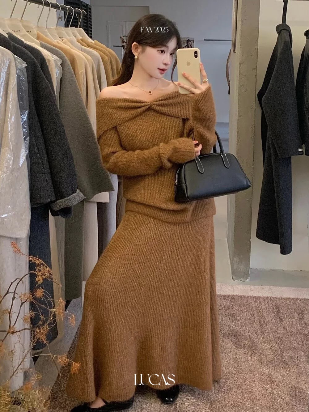 Lucas - Set len áo trễ vai dáng dài + chân váy xòe dáng dài