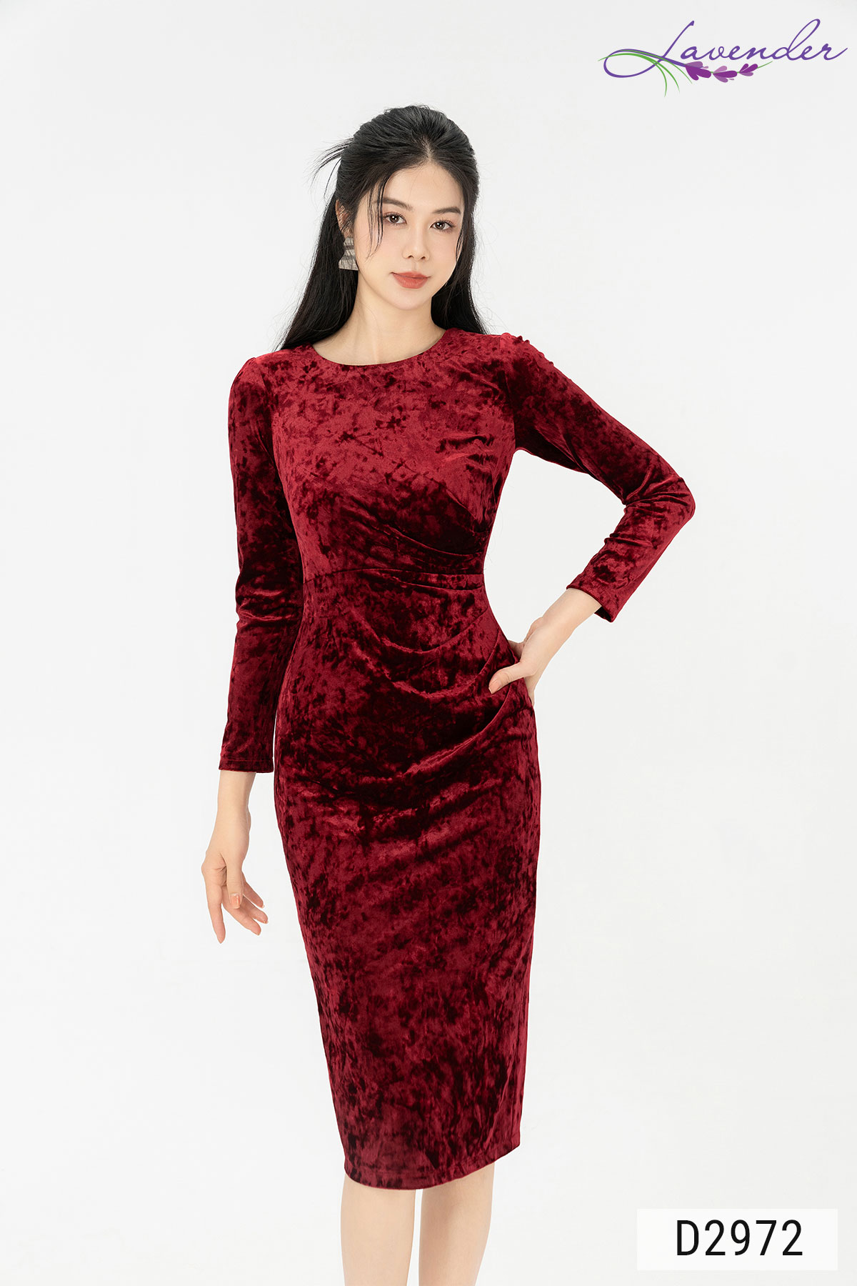 Đầm ôm nữ công sở Thời trang Lavender nhung đỏ tay dài D2972