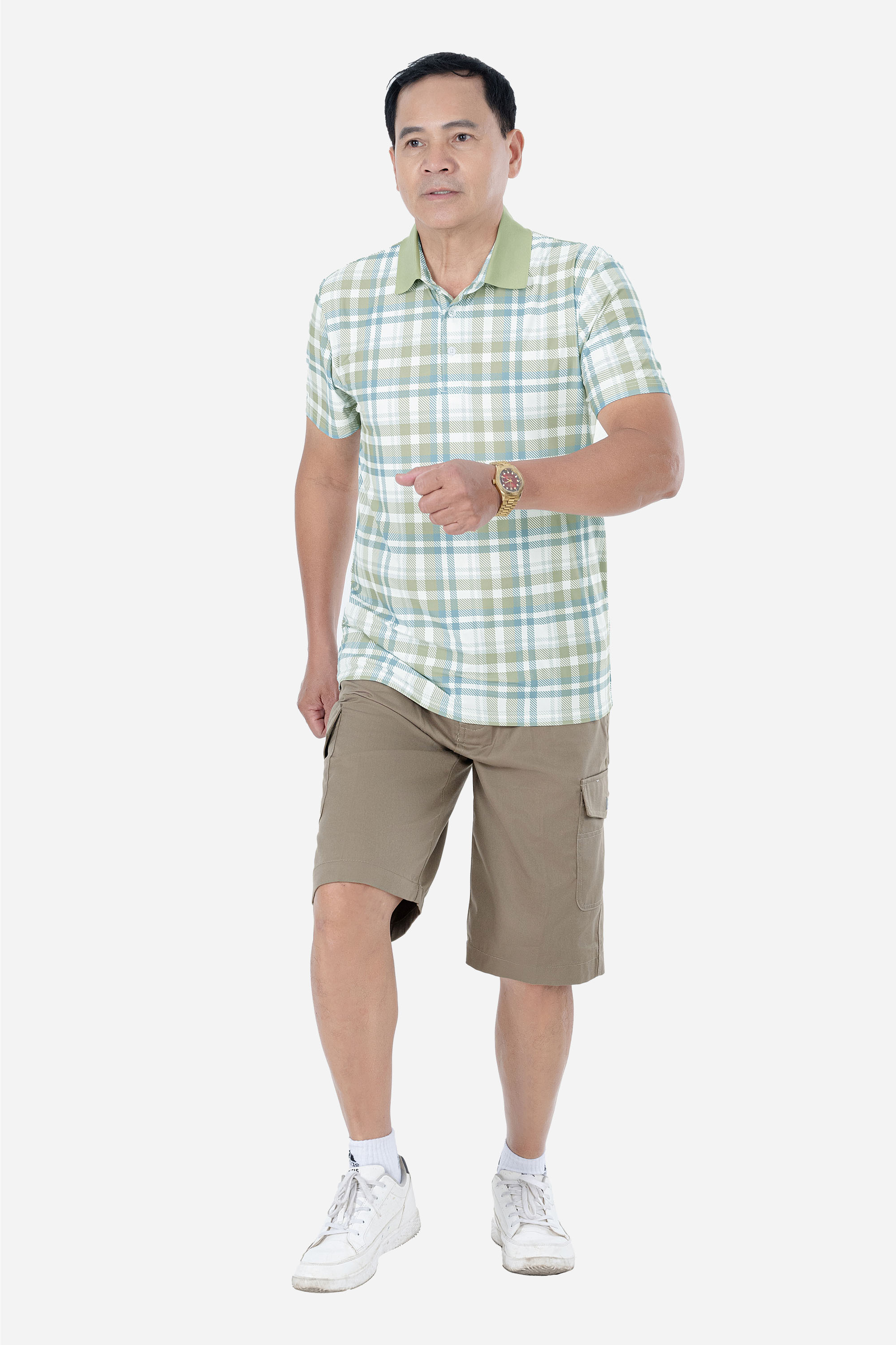 Áo Polo Kẻ Nam Trung Niên ANCHI Chất Liệu Cotton Mĩ Cao Cấp Phom Suông Vạt Ngang Màu Rêu Nhạt_thumbnail_4