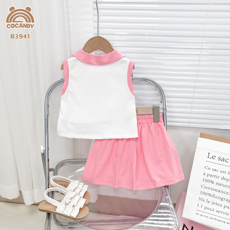 Bộ cộc ba lỗ HỒNG TRẮNG cổ V thắt nơ_thumbnail_1