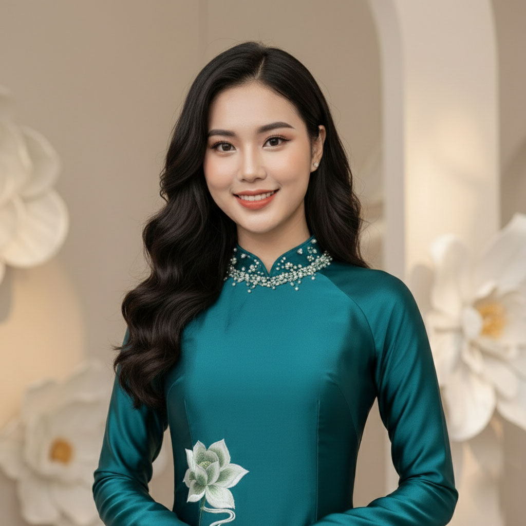 Áo Dài Mẹ Cô Dâu Chú Rể Xanh Ngọc Thêu Hoa Sen – Chất Liệu Ruby Cao Cấp AM25-05_thumbnail_2