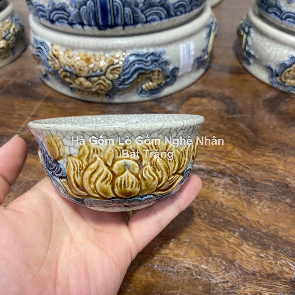 Bát Cúng, Bát Cơm (Tặng Bộ Đũa) Bộ Đắp Nổi Đồ Thờ Men Rạn Bát Tràng Nghệ Nhân Chế Tác