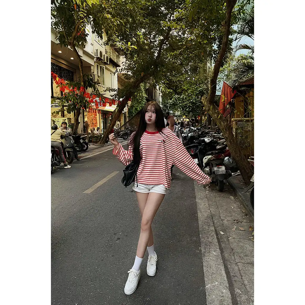 Áo thun boxy tay dài Miucho vải rib thoáng mát mềm mại co giãn tốt cổ tròn kẻ sọc kitty in mix 2691_thumbnail_7