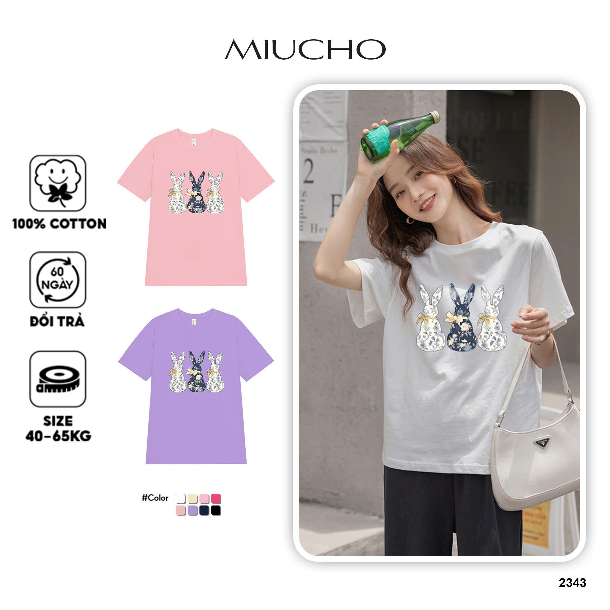 Áo thun nữ form vừa regular dáng ngắn ARD2343 Miucho vải cotton thoáng mát in hình thỏ dễ thương