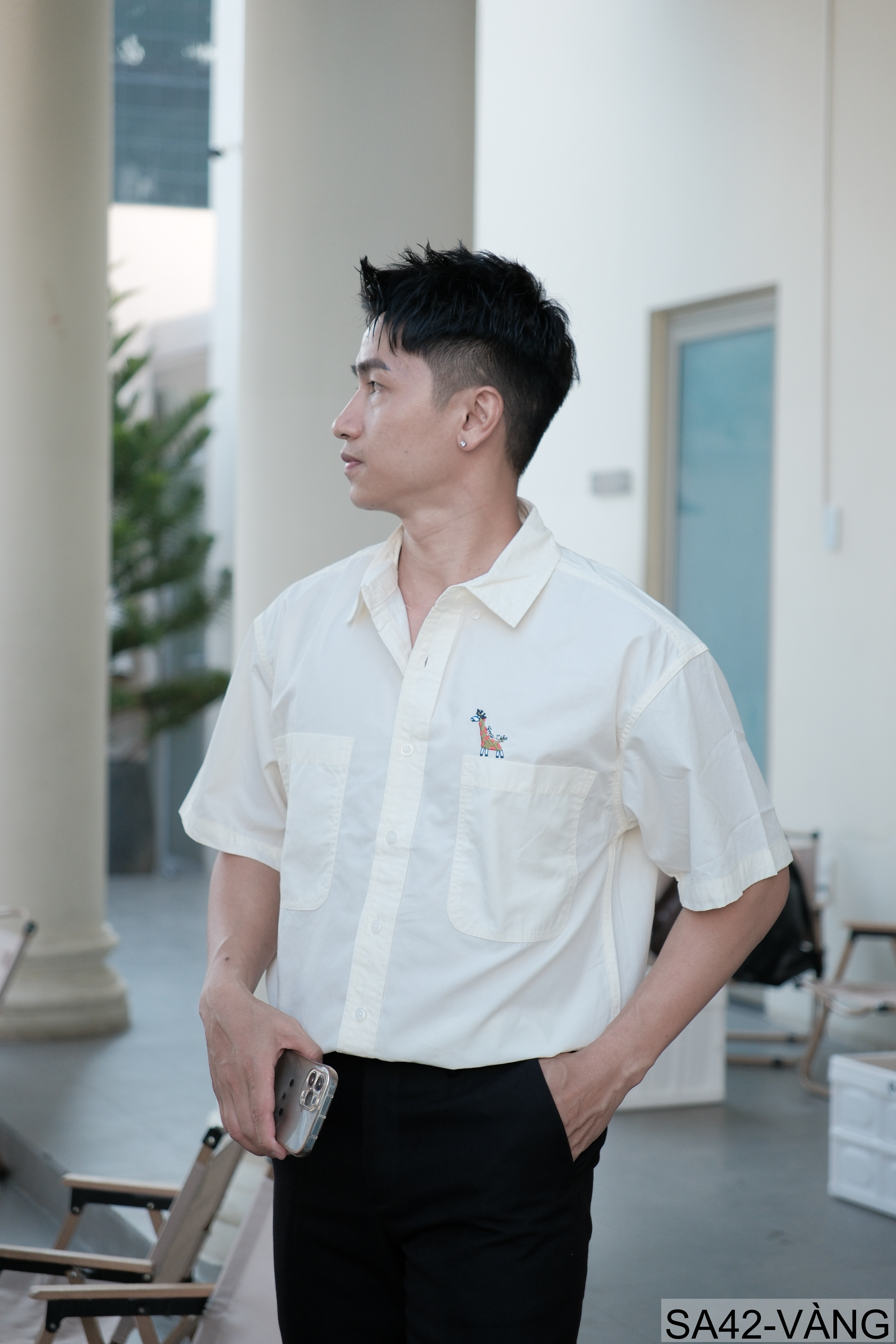 SA42 - Áo sơ mi nam ngắn tay phong cách Nhật, thêu hình hươu cao cổ, chất cotton thoáng mát