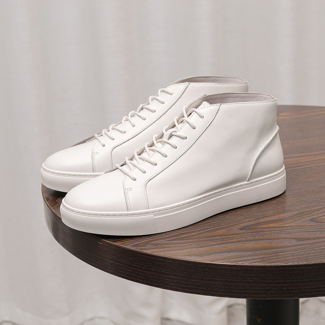 Giày thể thao cổ cao thời trang thu đông dành cho nam, da bò lớp 1 được làm thủ công đế mềm kiểu Anh Giày trắng thời trang cổ điển_thumbnail_9