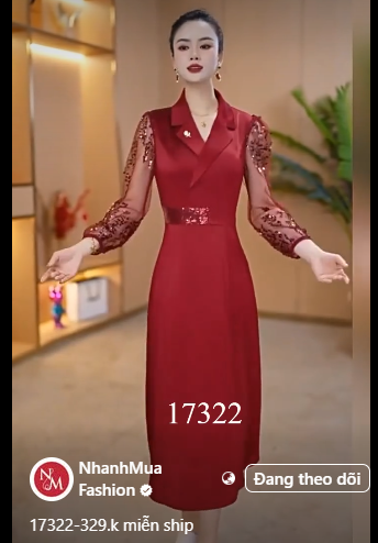 17322-Đầm xòe cổ vest  lụa đỏ phối ren tay ( lụa nhung, phối ren)_thumbnail_0