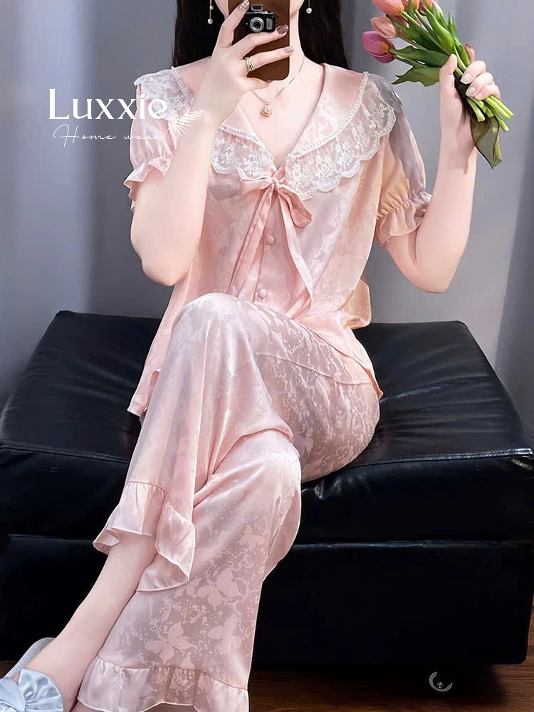 N108B Pijama lụa gấm hoa cổ ren trắng buộc nơ cộc tay