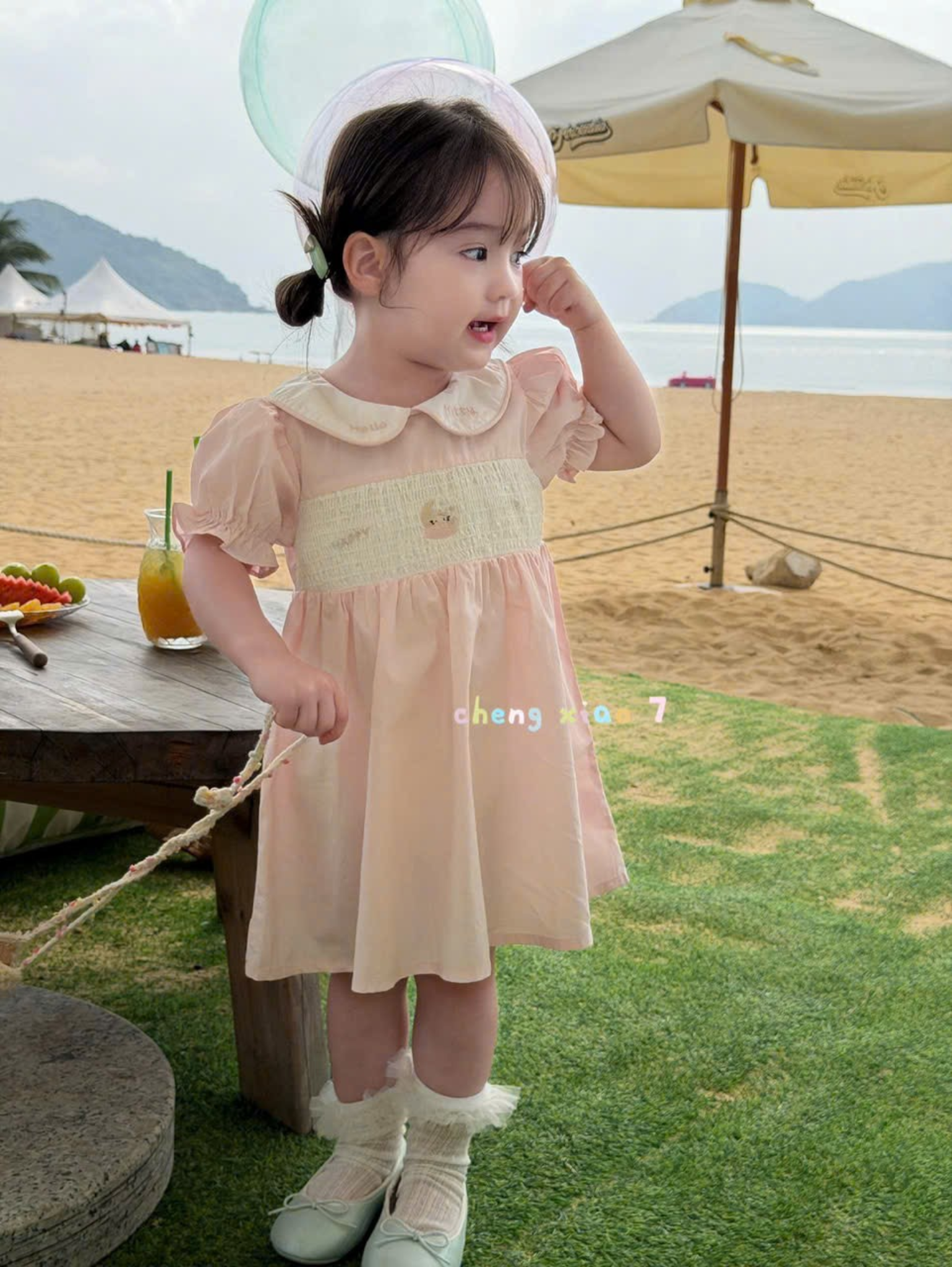 CX25 - Váy cotton cổ sen tay voan thêu gấu hồng hãng CX7