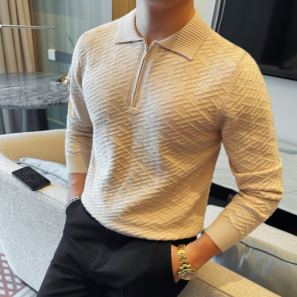 PA12 – Áo len nam dệt kim cổ điển thu đông 2025, jacquard dày, cổ trụ khóa kéo, dáng rộng casual_thumbnail_3