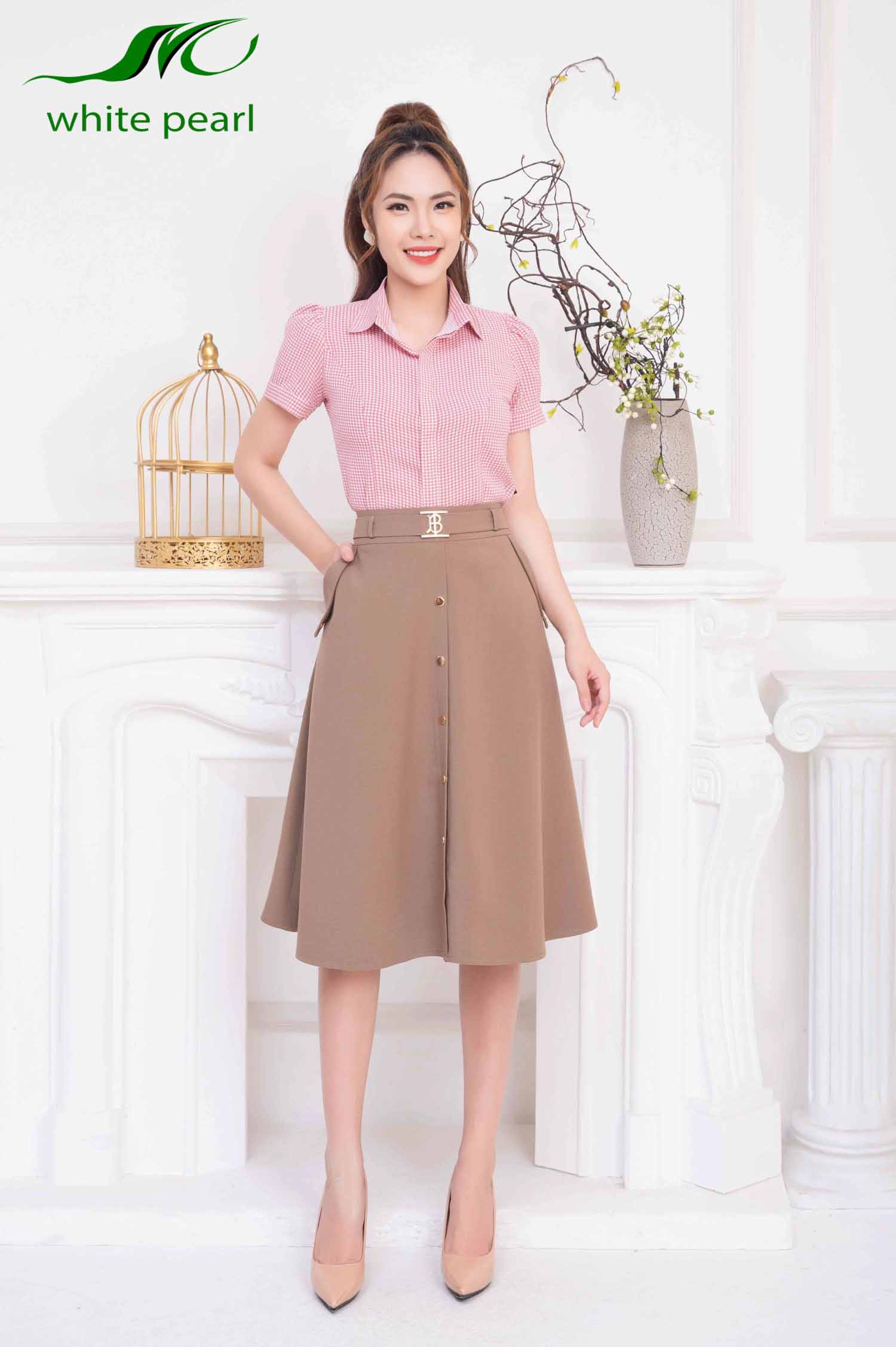 Chân váy xòe nữ túi 2 bên đính cúc dọc thời trang công sở cao cấp White Pearl_thumbnail_0
