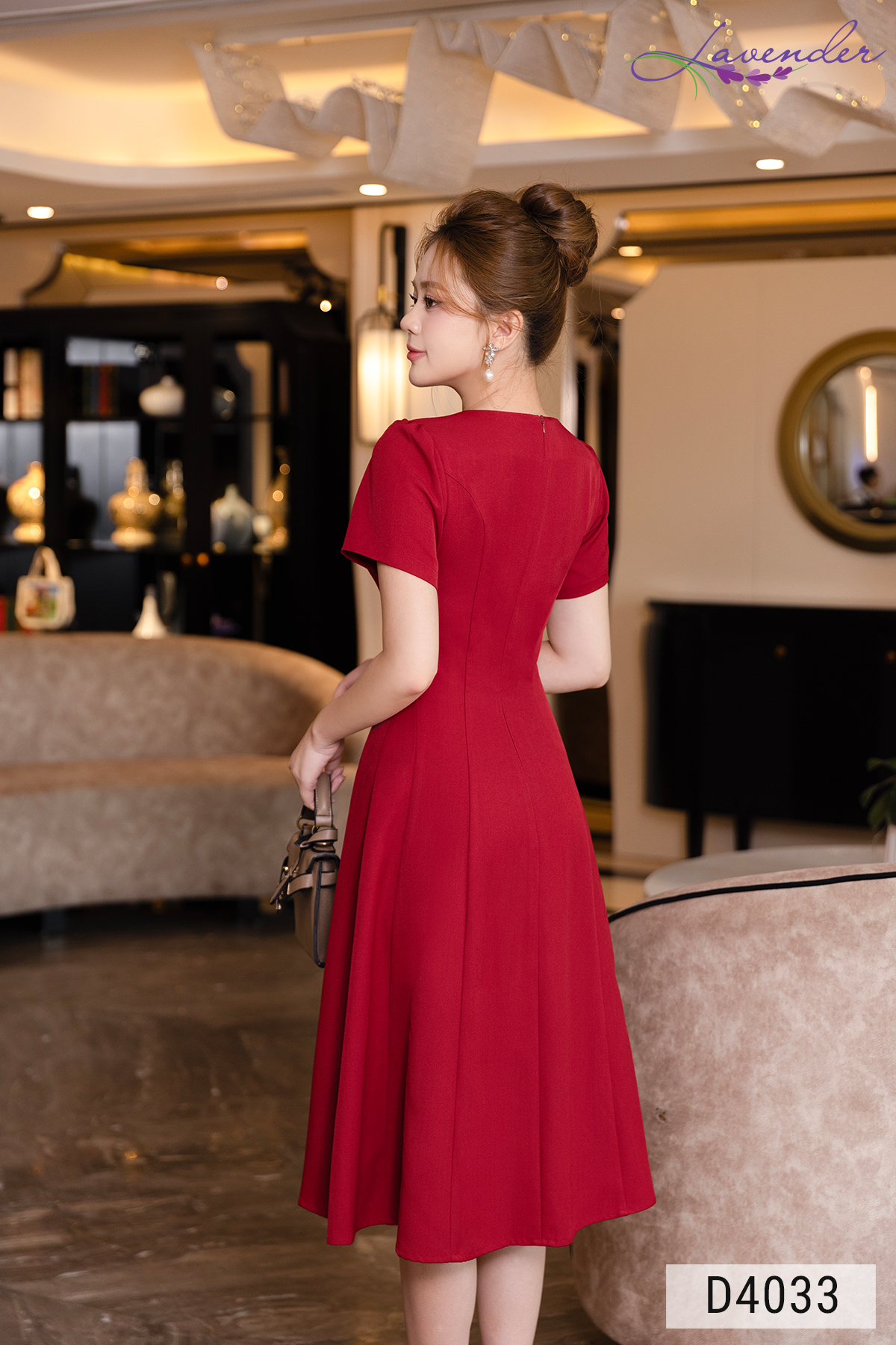  Đầm xòe đỏ cổ tròn cách điệu tay ngắn hoa duy băng D4033